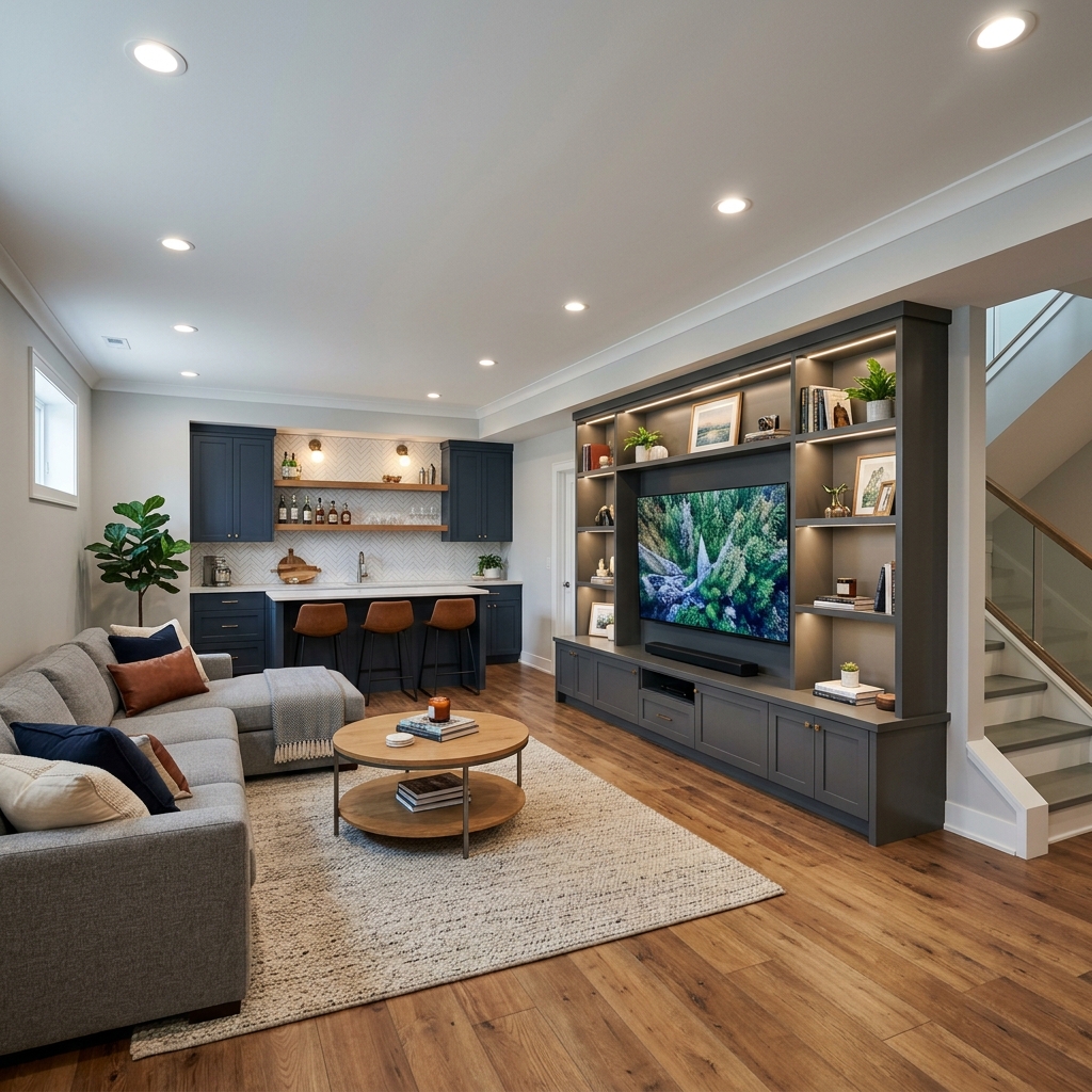 Finished basement with home theater entertainment center and mini bar area