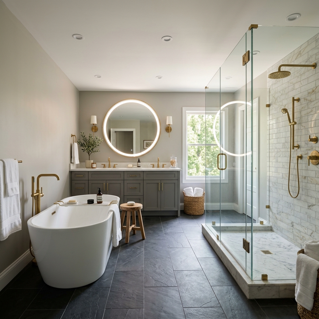 Luxurious master bathroom renovation with walk-in glass shower and freestanding tub